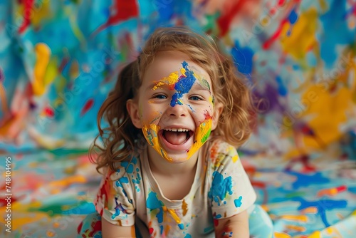 Child covered in colorful paint Bursting with joy and laughter during a creative play session