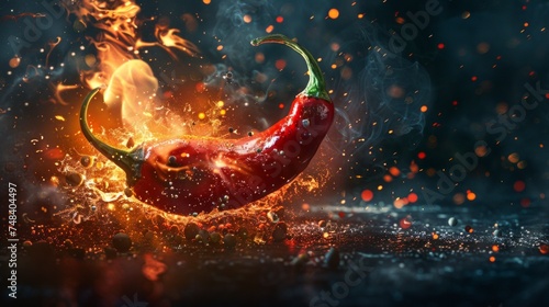 Red hot chili pepper on black background with flame photo