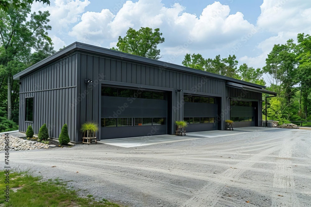 Contemporary steel garage building with a straight-wall design Showcasing modern architectural elements and functionality.