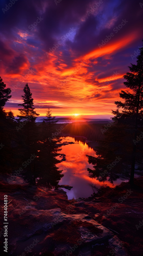 Enchanting Symphony of Colors: A Breathtaking Sunset Over a Tranquil Silhouetted Forest