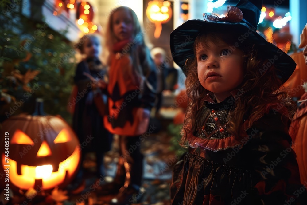 Halloween themed scene with children dressed up for trick or treating Surrounded by festive decorations and a glowing jack-o-lantern Capturing the spirit of the holiday