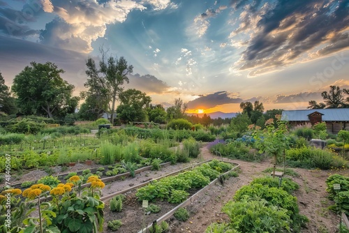 Harmonious scene of a community garden at sunset Where individuals come together to nurture nature Embodying community spirit and environmental care