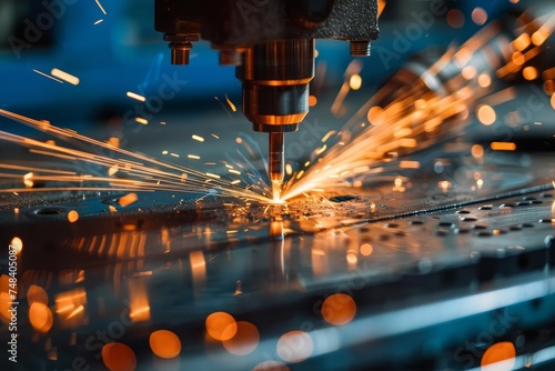 High precision cnc laser welding of metal in an industrial setting Highlighting technological advancements in fabrication and the meticulous skill involved