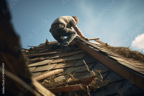 Wallpaper Mural Dusty Old roof removing. Old work fix scrape builder. Generate Ai Torontodigital.ca