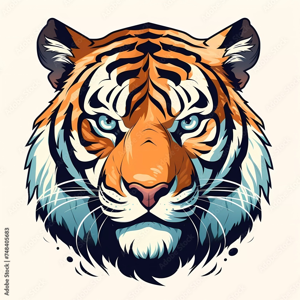 Hand drawn vector illustration of a cute tiger head character. with a minimalist background. generative ai