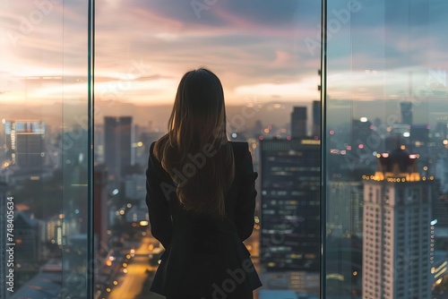 Rear view of a successful female entrepreneur overlooking a city skyline from a high-rise building Symbolizing achievement and vision