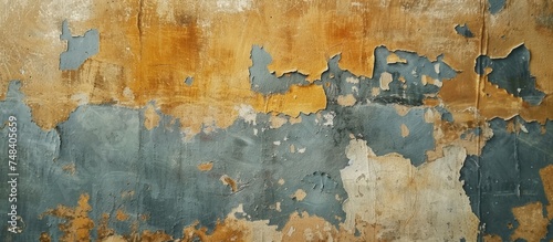 An aged concrete wall with peeling layers of paint  showcasing a gritty texture and weathered appearance. The paint is visibly chipped and faded  revealing the raw surface underneath.