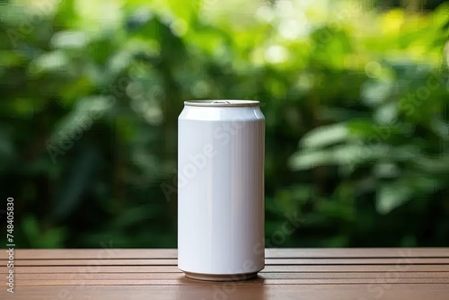 a can of soda sitting on top of a wooden table