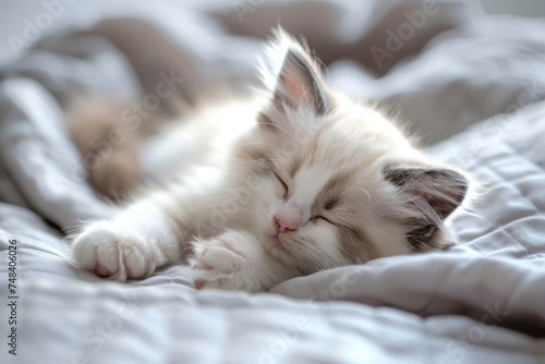 Cute little fluffy Ragdoll kitten sleeps on the bed in the morning. Funny pet with a pink nose, charming child. Gray fur, adorable and sweet baby animal resting, relaxing indoors. Perfect for greeting