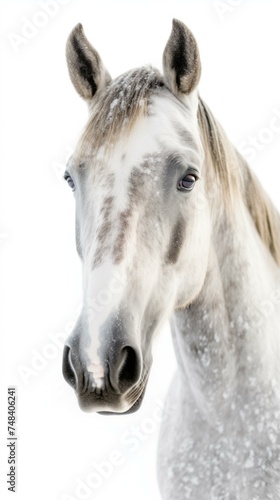 Majestic White Horse Portrait with Snowflakes on Coat in Winter