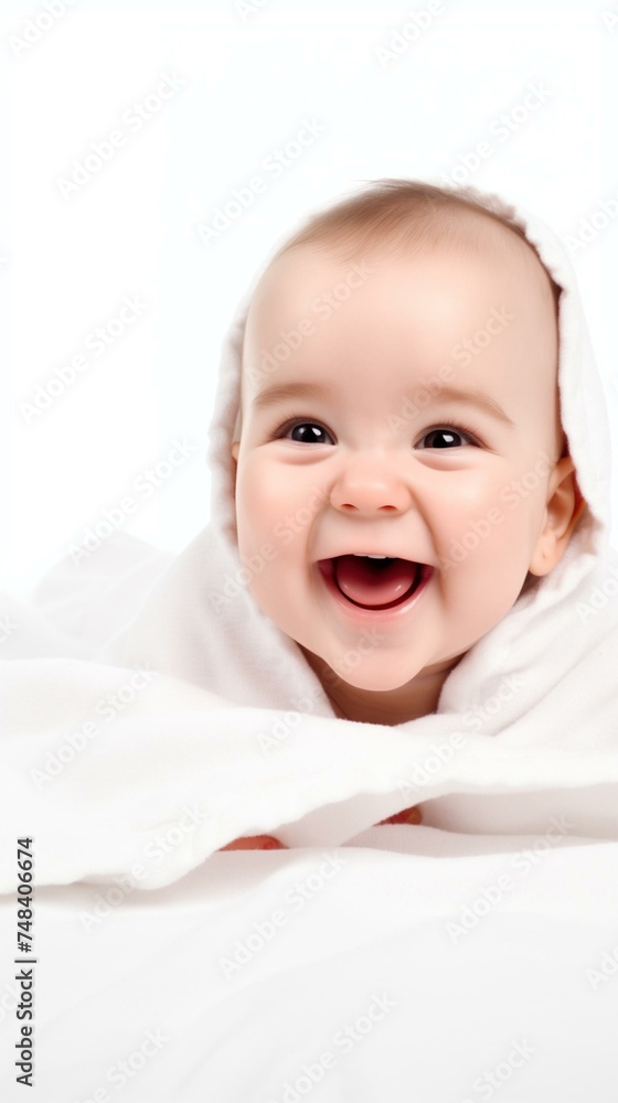 Adorable Laughing Baby Wrapped in White Blanket Isolated on White Adorable Laughing Baby Wrapped in White Blanket Isolated on White