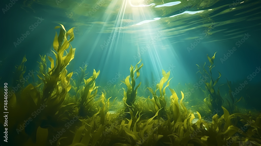 Obraz premium Green algae background in nature, ocean bottom