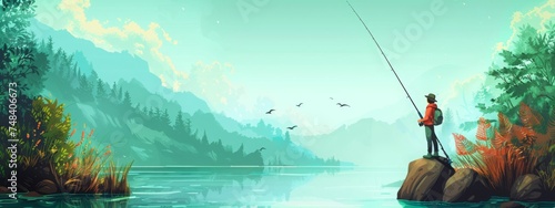 A serene illustration of a man fishing by a tranquil lake, surrounded by lush trees and distant mountains, with birds flying overhead, embodying the peace and solitude of nature. Concept of outdoor re photo