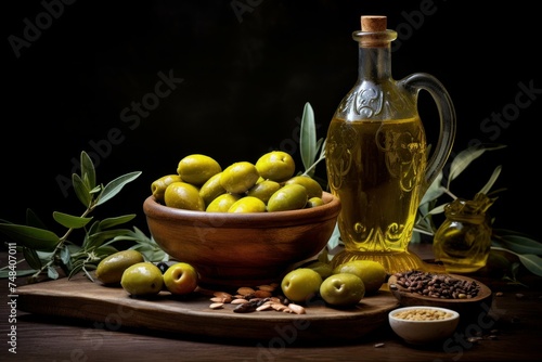 Aromatic Olive oil bottle virgin. Ripe extra food. Generate Ai