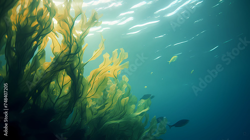 Seaweed and natural sunlight underwater seascape in the ocean  landscape with seaweed