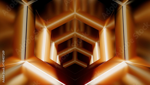 Moving in the endless glowing brown tunnel formed by neon lines. Design. Geometric 3d background.