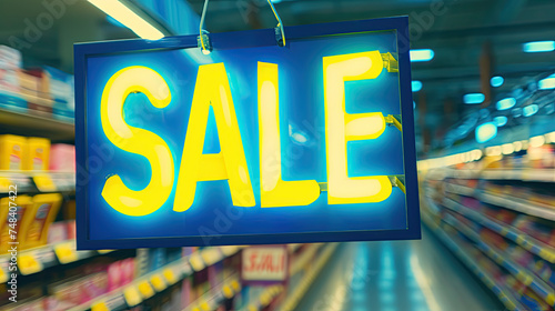 Blue and yellow neon sign in the store isle that says SALE photo