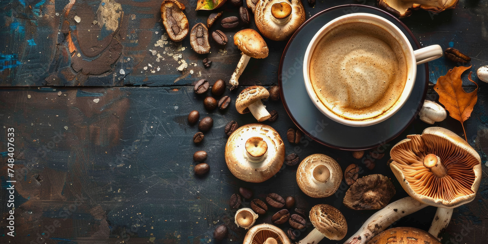 Coffee Bliss Amongst Wild Mushrooms on a Rustic Wood. Generative AI.