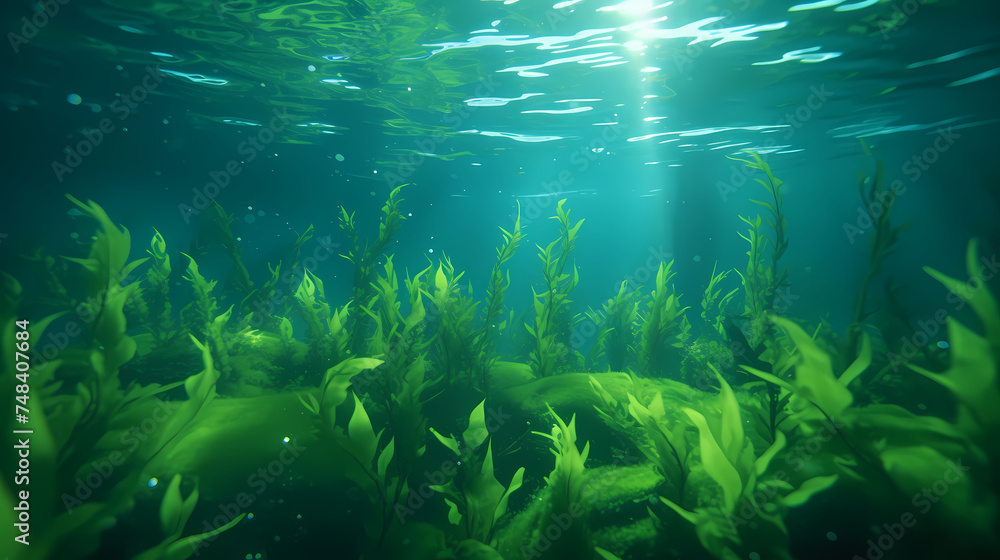 Seaweed and natural sunlight underwater seascape in the ocean, landscape with seaweed Seaweed and natural sunlight underwater seascape in the ocean, landscape with seaweed