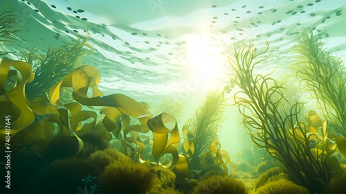Seaweed and natural sunlight underwater seascape in the ocean  landscape with seaweed