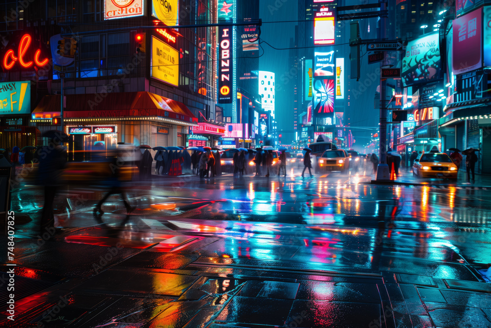 A bustling city street corner at night, with neon signs illuminating the street, people hurrying by, and rain reflecting on the wet pavement