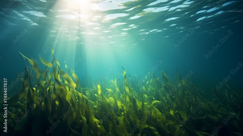 Seaweed and natural sunlight underwater seascape in the ocean, landscape with seaweed - obrazy, fototapety, plakaty 