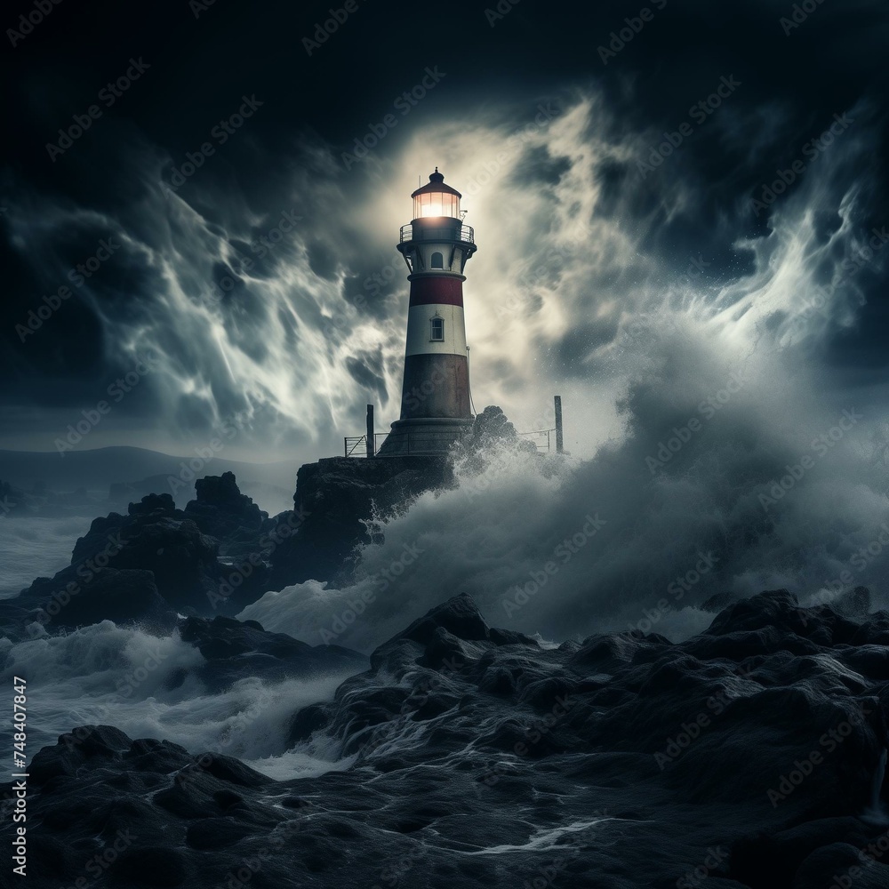 Majestic Lighthouse Standing Resilient Against Dramatic Stormy Seascape - obrazy, fototapety, plakaty 