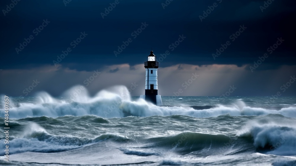 Majestic Lighthouse Standing Firm Against Turbulent Ocean Waves Under Stormy Skies