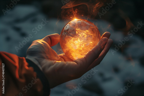 A close-up shot of a hand holding a glowing orb, emanating powerful energy