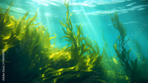 Seaweed and natural sunlight underwater seascape in the ocean, landscape with seaweed © Derby
