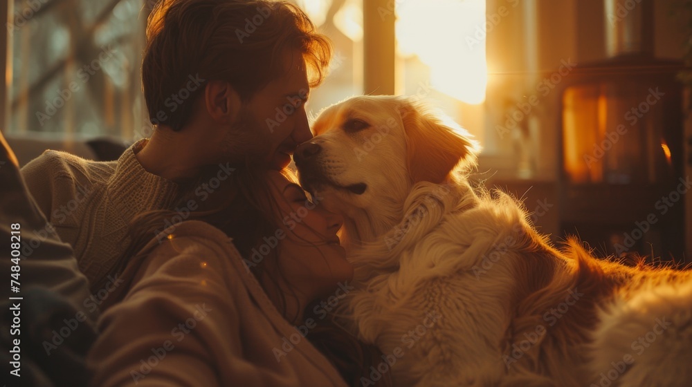 A couple sharing a heartfelt embrace while their devoted dog gazes up at them with adoration