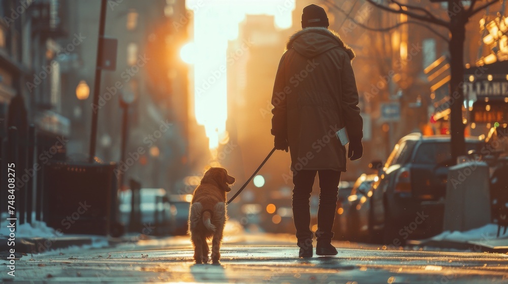 A person taking a leisurely stroll through the city streets, hand in leash with their beloved canine companion - obrazy, fototapety, plakaty 