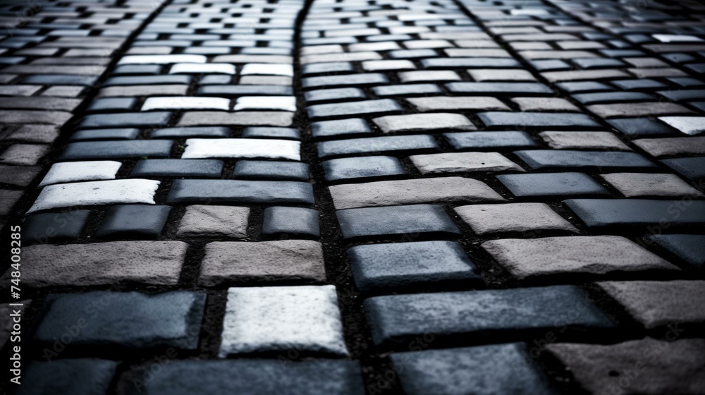 Fototapeta premium Dark Cobblestone Street Texture with Moody Lighting in Urban Setting