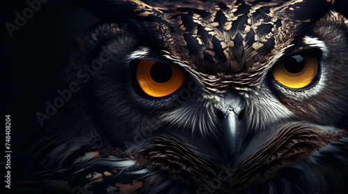 portrait of yellow eyed owl on dark background