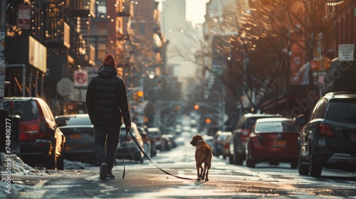 A person taking a leisurely stroll through the city streets, hand in leash with their beloved canine companion, enjoying each other's company amidst the urban hustle and bustle