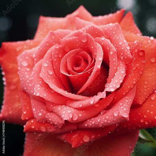 Vibrant Red Rose Close-up with Morning Dew Drops on Petals