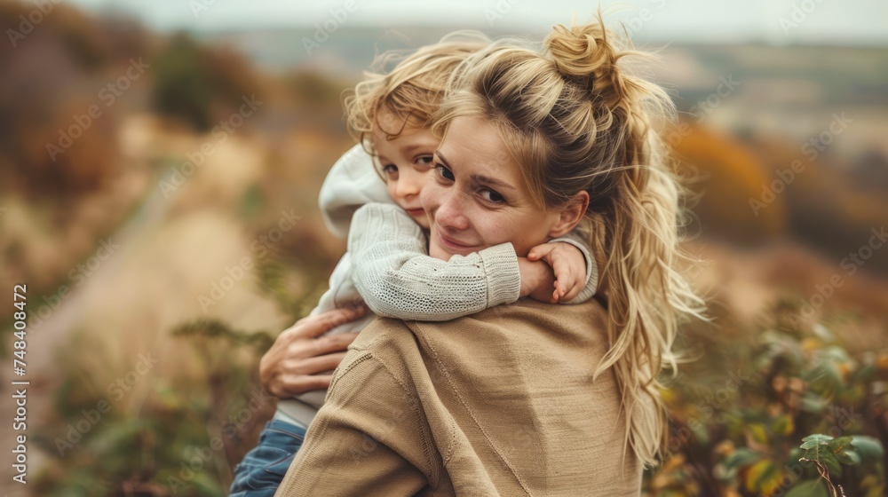 Loving Mother Embracing Her Young Child in a Natural Autumn Setting, Family Bonding Moment Loving Mother Embracing Her Young Child in a Natural Autumn Setting, Family Bonding Moment