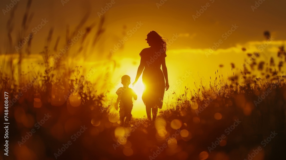 Fototapeta premium Silhouetted Mother and Child Walking Hand in Hand at Sunset Through a Field