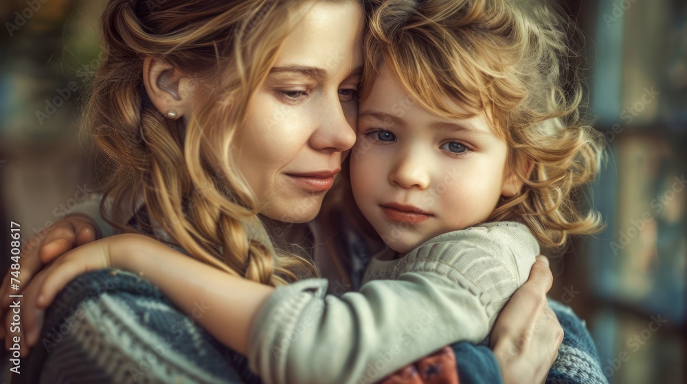Tender Embrace - Loving Mother and Child Sharing a Warm, Affectionate Hug in a Cozy Home Environment Tender Embrace - Loving Mother and Child Sharing a Warm, Affectionate Hug in a Cozy Home Environment
