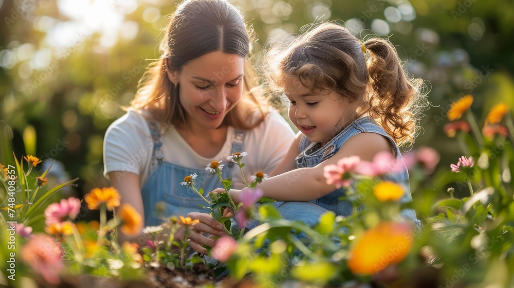 Happy Mother and Daughter Enjoying Gardening Together in Sunlit Flower Garden, Family Bonding Moment