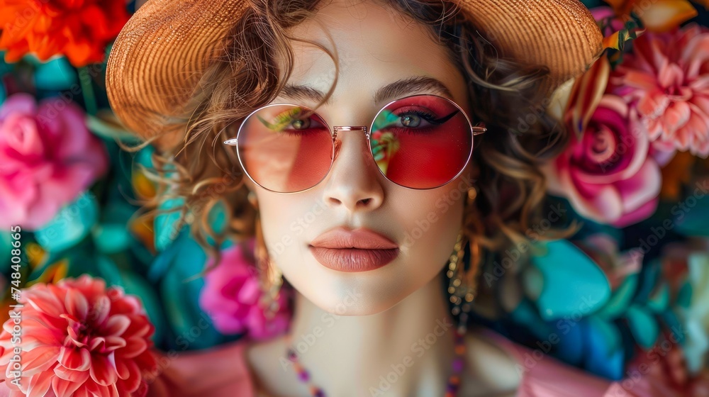 Fototapeta premium Stylish Woman in Sunglasses and Hat with Colorful Flowers in the Background Posing for a Fashion Shoot