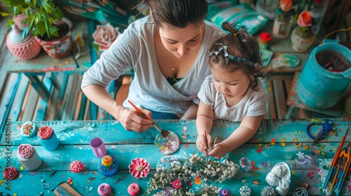 Creative Mother and Child Enjoying Arts and Crafts Together at Home with Colorful Supplies and Decorations photo