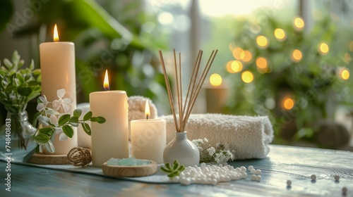 Serene Spa Setting with Lit Candles, Aromatic Reed Diffuser, Fresh Flowers, Towels, and Pearls on a Wooden Table with Natural Backdrop