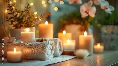 Cozy Home Spa Experience with Candles, Towels, Orchids, and Bokeh Lights - Warm and Relaxing Wellness Concept