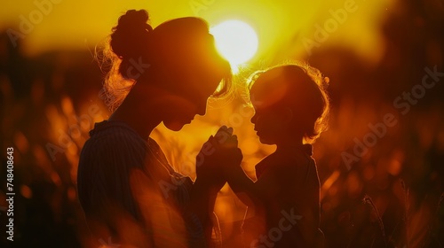 Silhouette of Mother and Child Holding Hands in Sunset - Warm Golden Hour Embrace among Nature