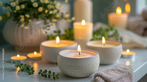 Tranquil Spa Setting with Lit Candles, Fresh Flowers, and Towels on Serene Background for Relaxation and Wellness