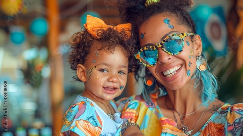 Cheerful Mother and Toddler Wearing Sunglasses and Colorful Outfits Enjoying Summer Day