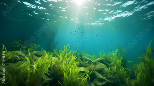 Seaweed and natural sunlight underwater seascape in the ocean  landscape with seaweed