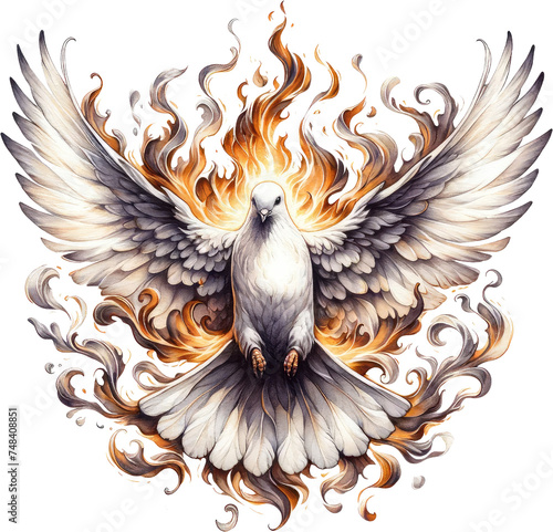 Watercolor Christian Easter Clipart. Christian Faith and Resurrection Art. Handmade Christian Easter Clipart for Spiritual Celebrations. Religious Easter Watercolor Holy Spirit Flame with a Dove.