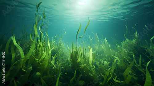 Seaweed and natural sunlight underwater seascape in the ocean, landscape with seaweed © Derby